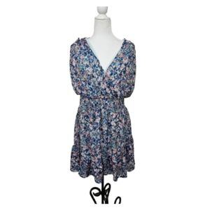 BCBG Paris Surplice Ruffle Dress Sheer Blue Floral Print Womens XL